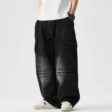 Men Denim Cargo Pants New Arrival 2026 Spring Safari Style Streetwear Vintage Big Pockets Loose Male Casual Wide Leg Jeans N063