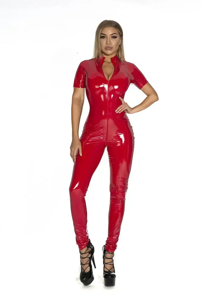 Pluse Size Women Shiny Leather Jumpsuits Long Sleeve Zipper Open Crotch Latex Bodysuit Hot Porn Breast Exposing Sexi