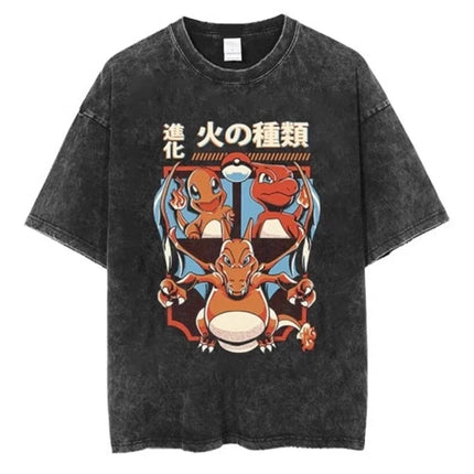 Pokemon Anime Retro Washed T-shirt Cotton Men's and Women's Summer New T-shirt Y2K Loose Casual Short Sleeved Top Clothing
