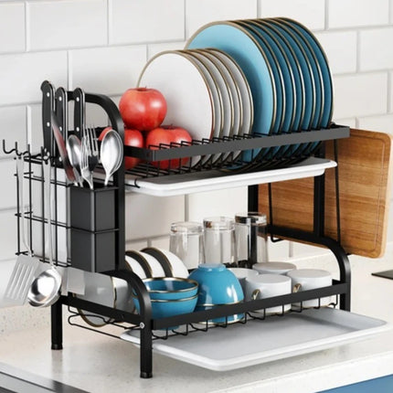Dish Drying Rack 2-Tier Compact Kitchen Dish Rack Drainboard Set Large Rust-Proof Dish Drainer with Utensil Holder