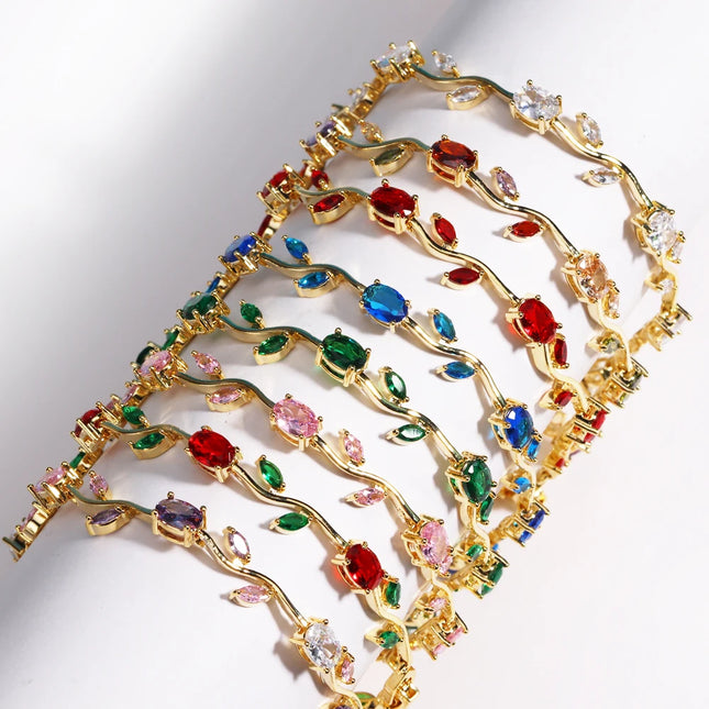 Luxury 16 Colors Sparkling Leaf Cubic Zirconia Branch Gold Silver Color CZ Crystal Bracelet Fashion Women Wedding Jewelry Gift