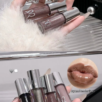 SHAQINUO Water Light Mirror Lip Gloss Lasting Moisturizing Cool Black Silver Gray Pearlescent Fine Sparkling Lipstick Lip Oil