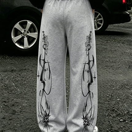 Y2K Dark Punk Abstract Gothic Cross Star Print Mens Baggy Wide Leg Sweat Pants Loose Straight Drawstring Hip Hop Street Joggers