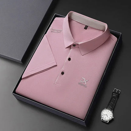 Men's Business Casual Short Sleeve Polo Shirt Solid Color with Badge Fashionable Breathable Comfortable Versatile Business Top