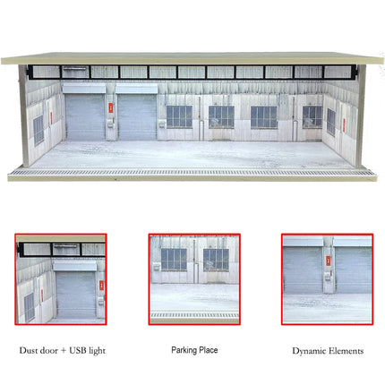 1/64 Scale Car Garage Diorama with USB LED Light Realistic Parking Lot Display Case for Model Cars & Miniature Vehicles