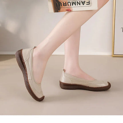 New Real Leather Perforated Ballet Flats Women's Massage Insole Slip On Moccasins Woman Hollow Loafer Casual Daily Shopping Shoe