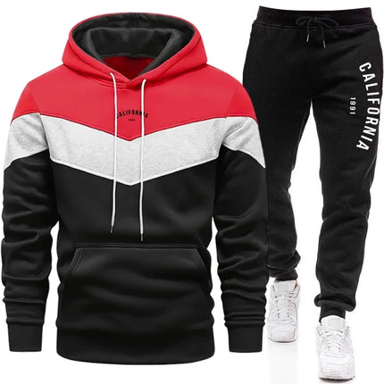 2026 Men's Tracksuit Casual Tri Color Splice Sweatshirt Outdoor Sports Jogging Man Clothing Autumn Winter Single Hoodies Pants
