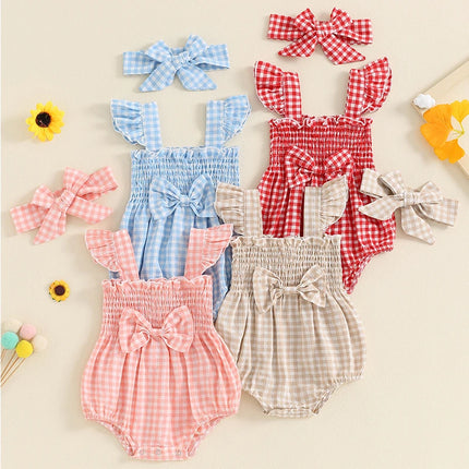 FOCUSNORM 0-18M Lovely Baby Girls Summer Romper Outfits Fly Sleeve Plaid Print Ruffles Boknot Jumpsuits with Headband