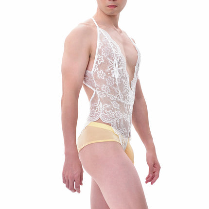 Men's Lace Bodysuit Transparent Sexy Corset One-Piece Thongs See Through Jumpsuit Open Crotch Underwear Exotic Lingerie