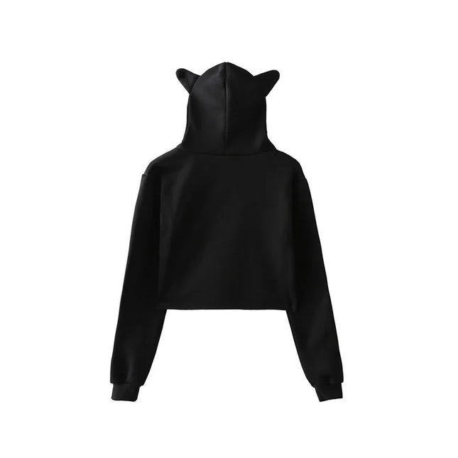 Women's Cat Ears Crop Tops Hot Kawaii Solid Color Cropped Hoodies Women Long Sleeve Sweatshirt Harajuku Streetwear Clothes Femme