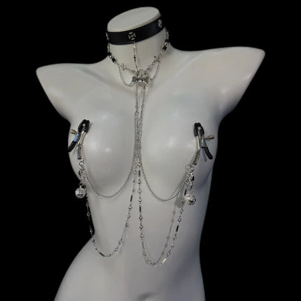 Women's Erotic Collar with Chain and Nipple Clamps in One Piece Tassels Cross/Skull Charms Goth BDSM Body Jewelry Adult Sextoy