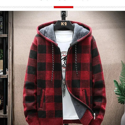 2023 Autumn/winter Fleece-lined Trendy Color Block Versatile Hooded Men's Cardigan Youth Outerwear Knitted Top For Men