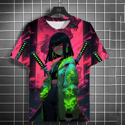 Men's fashionable versatile T-shirt 3D printed Japanese samurai sword girl anime personality short sleeved trendy men's clothing