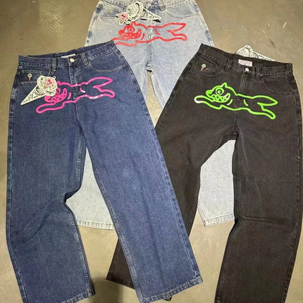 2026 Classic Printed Men Straight Denim Pants Loose Fit YKK Zipper Casual Denim Jeans Pants Trousers