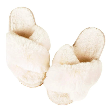 Evshine Women Fuzzy Slippers Fashion Cross Band Memory Foam House Slippers Indoor Outdoor Open Toe Plush Slides Casual Flat Shoe