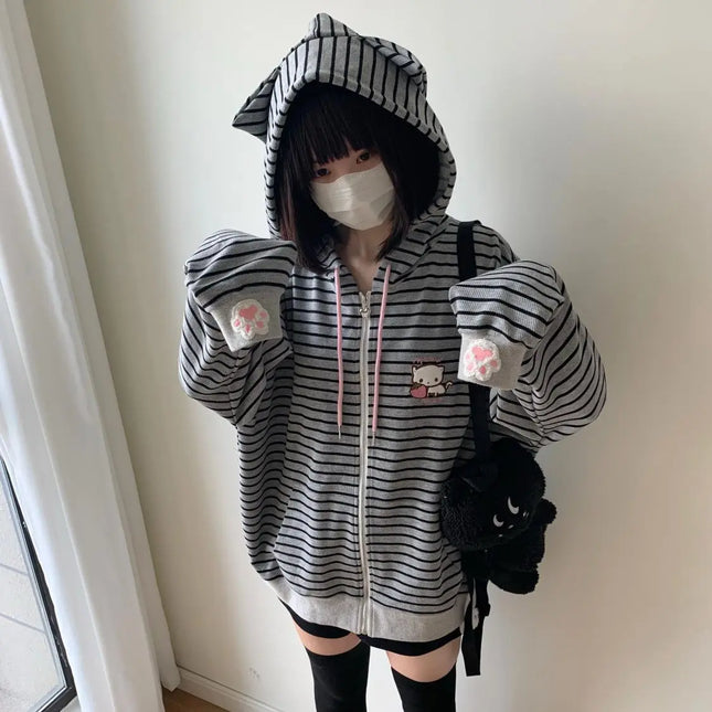 Strawberry Cat Embroidered Striped Hoodies Women Top Japanese Subculture Cute Cat Ear Black Grey Loose Harajuku Coat for Women