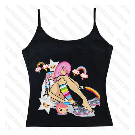 2000s E-girl Goth Women Vest Tank Top Aesthetic Streetwear Vintage Casual Short Sleeve T-Shirts Punk Y2k Style Clothes Baby Tees