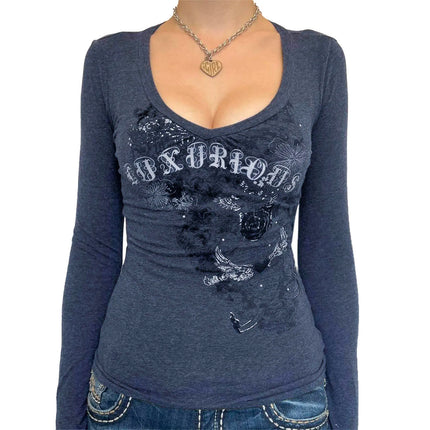 Women Spring Autumn Tops Long Sleeve V Neck Slim fit T-shirt y2K Clothes Gothic Graphic Print Shirts Streetwear