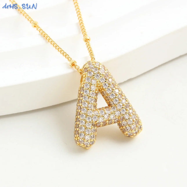 MHS.SUN Gold Plated Balloon 26 Letter Necklaces Copper Zircon Bubble Initial Pendant Chunky Women Personality Chain Jewelry