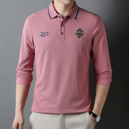 New Men's Long-sleeved Cotton Polo Shirt Fashion Embroidery Casual Bottom Pullover Shirts Tops Men's Clothing