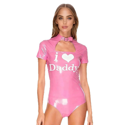Womens Letter Print Leather Bodysuit One Piece Front Hollow-out Short Sleeve Bodycon Sexy Latex Jumpsuit for Party Rave Clubwear