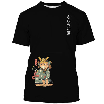 Japanese Samurai Cat Print T Shirt For Men Casual Simplicity O-neck Short Sleeve Fashion Trend Harajuku Streetwear Oversized Top