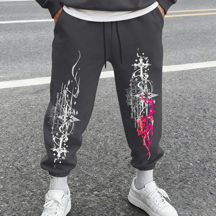 Vintage Contrast Cross Tribal Print Khaki Jogger Pants Men Elastic Cuff Drawstring Tapered Gothic Daily Street Sweatpants