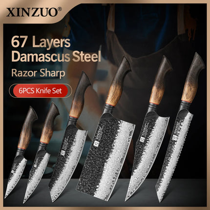 XINZUO 1-6-Piece Damascus Knife Set 67-Layer Steel White Oak Red G10 Handles Paring Utility Cleaver Santoku Bread Knife