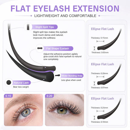 MASSCAKU Faux Mink Lash Ellipse Flat Eyelash Extension C/D Curl 0.15 0.20 0.25mm 8-18mm&mix Double Split Tips Makeup False Lash