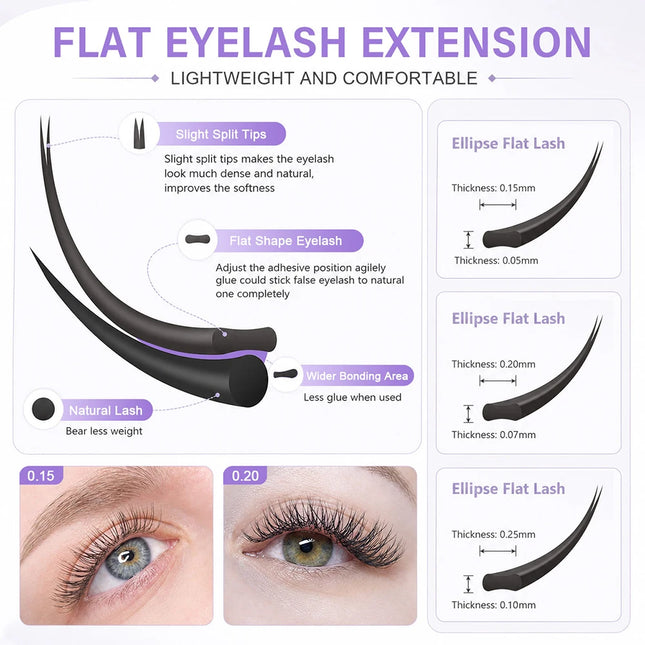 MASSCAKU Faux Mink Lash Ellipse Flat Eyelash Extension C/D Curl 0.15 0.20 0.25mm 8-18mm&mix Double Split Tips Makeup False Lash