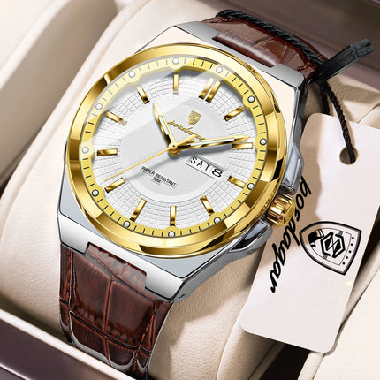 POEDAGAR Trendy Sport Men's Wristwatch Waterproof Luminous Date Week Business Fashion Men's Quartz Watches Leather Men's Watch Reloj