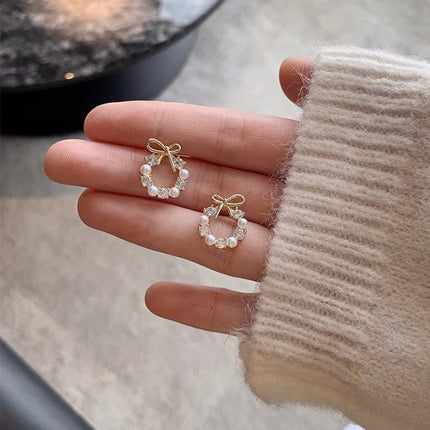 Fashion Lmitation Pearl Crystal Bow Stud Earring For Women Girl Fashion Cute Loreanearrings Party Trending Jewelry Wholesale