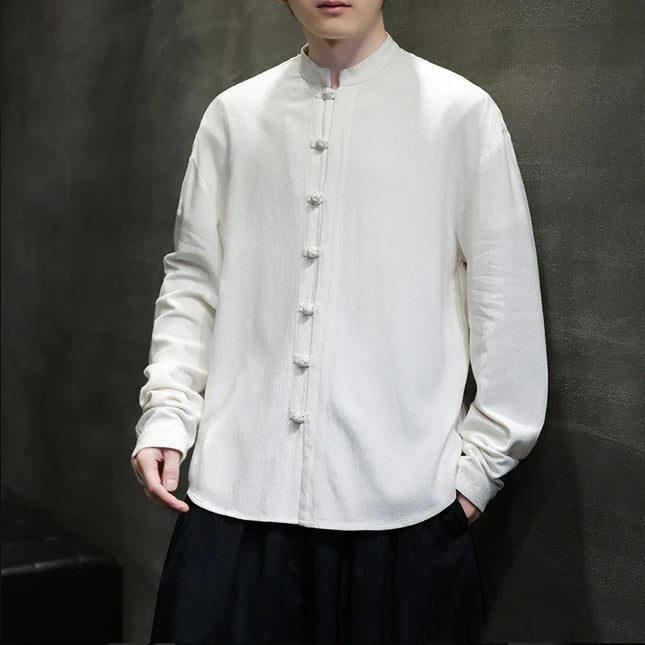 Men Long Sleeve Casual Shirt New Arrival 2026 Spring Chinese Style Vintage Mandarin Collar Loose Male KungFu Tops Shirts N056