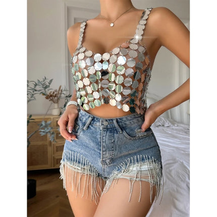 Womens Sexy Hollows Out Outfit Glitter Bra Tops Club Festival Beachs Party Mirrors Skirts for Summer