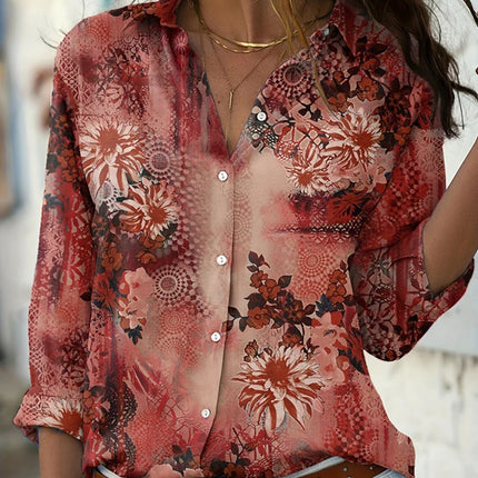 Plus Size 2025 New Fashion Ladies Button Shirt Summer Autumn Long Sleeve T Shirt Tops Business Casual Floral Shirt