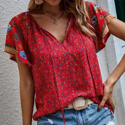 Summer Floral Print Blouses For Women Fashion V Neck Short Sleeve Boho Beach Casual Tops Female Elegant Shirt New Womenes