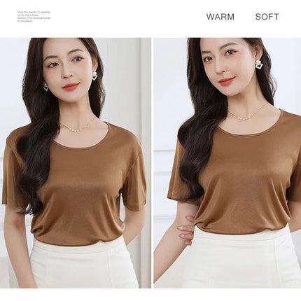 Summer High-End Women's Short Sleeve T-Shirt Acetate Fabric Knitted European Style Thin Hot Selling Top for Ladies