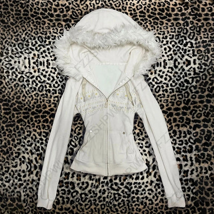 Y2K Harajuku Gothic Women's Hoodie Sexy Slim Chic Suede Fur Collar Letter Print Cardigan Sweatshirt Aesthetic Female Streetwear