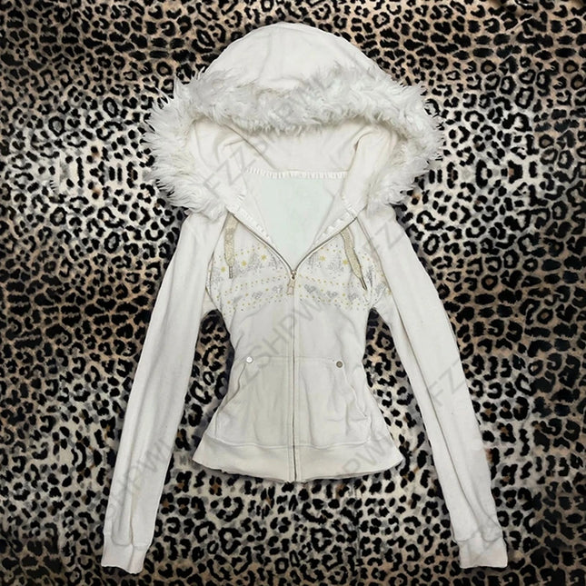 Y2K Harajuku Gothic Women's Hoodie Sexy Slim Chic Suede Fur Collar Letter Print Cardigan Sweatshirt Aesthetic Female Streetwear