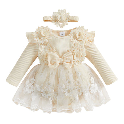 Pudcoco Baby Girls Romper Dress Mesh Lace Patchwork Long Sleeve Jumpsuits and Cute Headband Set for Toddler Infant 0-12M