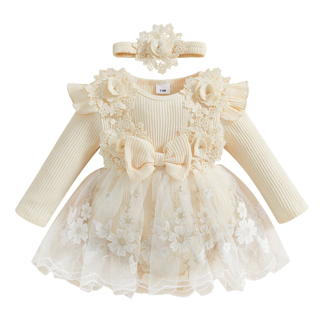 Pudcoco Baby Girls Romper Dress Mesh Lace Patchwork Long Sleeve Jumpsuits and Cute Headband Set for Toddler Infant 0-12M