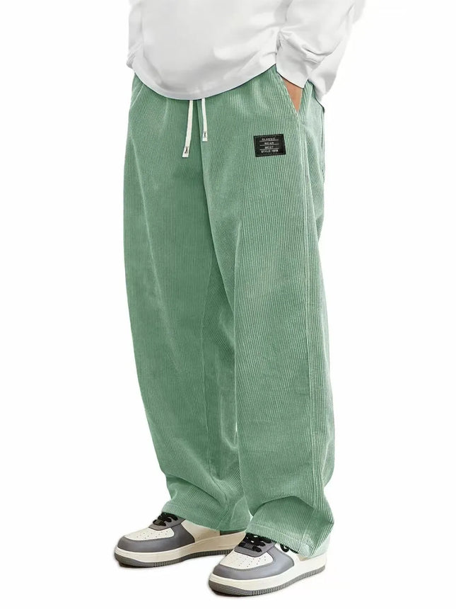 Men's Corduroy Straight Leg Pants with Drawstring Waist, Pockets, and Logo Design - Stretchy, Casual Fit for Everyday Wear