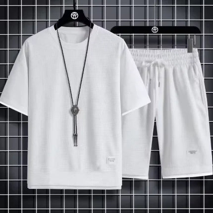 2026 new Summer Men's Waffle Sets Casual T-Shirt And Shorts Set Male Sports Suit Solid Color Tracksuit Loose Suits