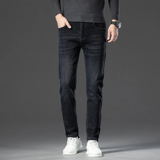 2025 Autumn Winter New High Elasticity Men's Business Jeans Haze Blue Black Gray Denim Trousers Men's Pants Work Clothes Brand