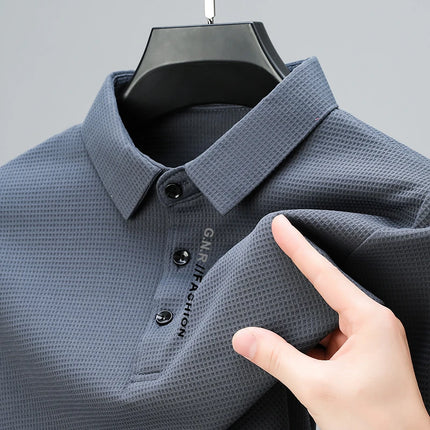 Men's Waffle Long-Sleeved Polo Shirt with Letter-Printed Lapel Casual Top
