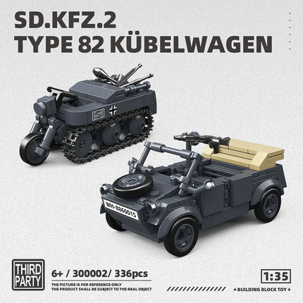 MOC Military Classic Model Type 82 Kübelwagen and Sd.Kfz.2 Half Track Motorcycle Weapons Building Blocks Bricks Toys Kid Gifts ﻿