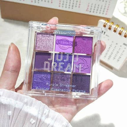 JUJU Purple Fringe 9 color eyeshadow tray - mixed berry and purple tones, matte shimmer - smoky, natural and charming