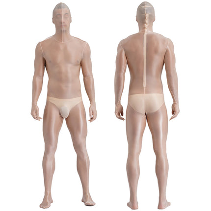 Men's Glossy Bodystocking Full Body Suit See-though Stretch Nylon One Piece Overall Catsuit with Head Mask Underwear Clubwear
