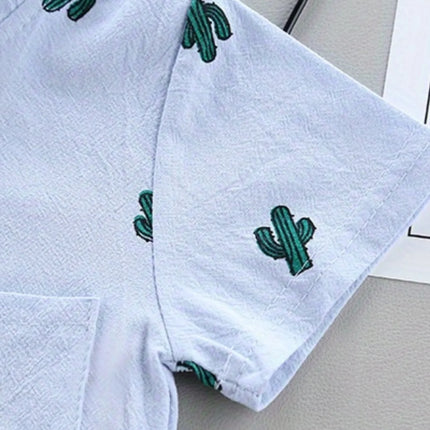 Infant and toddler summer full print cactus pattern short sleeved shorts set, outdoor standing collar shirt, fashionable two-pie