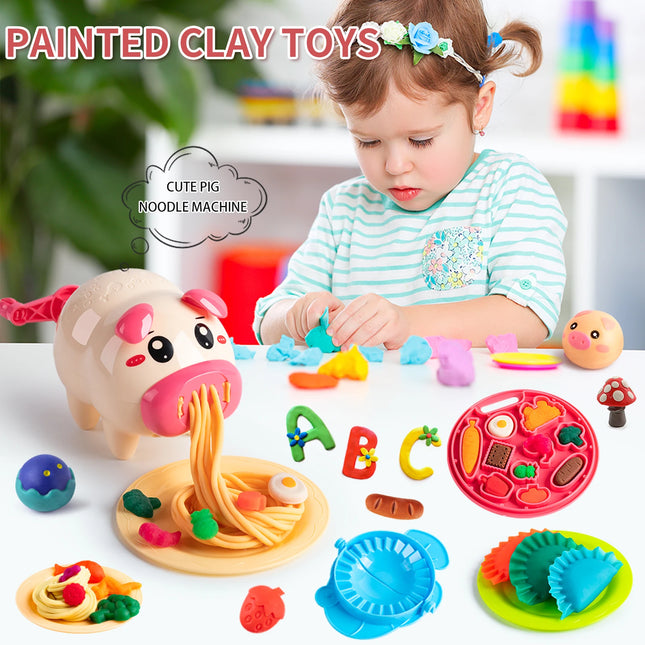 Cartoon Cute Pig Noodle Machine Clay Set Game Noodle Machine Multiple Molds Knife Fork Clay Set Toys "